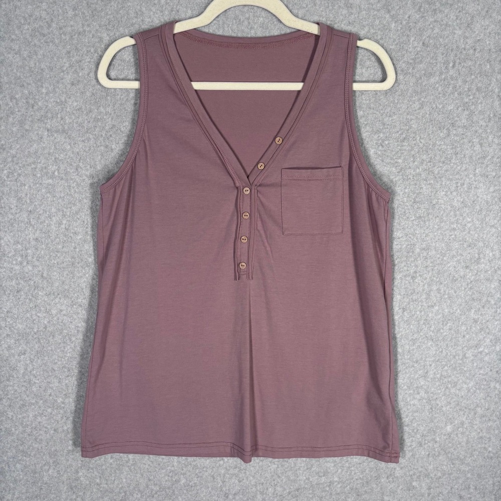 Henley Tank Top Large Mauve Purple‎ Sleeveless Pocket Soft Jersey Knit Stretch